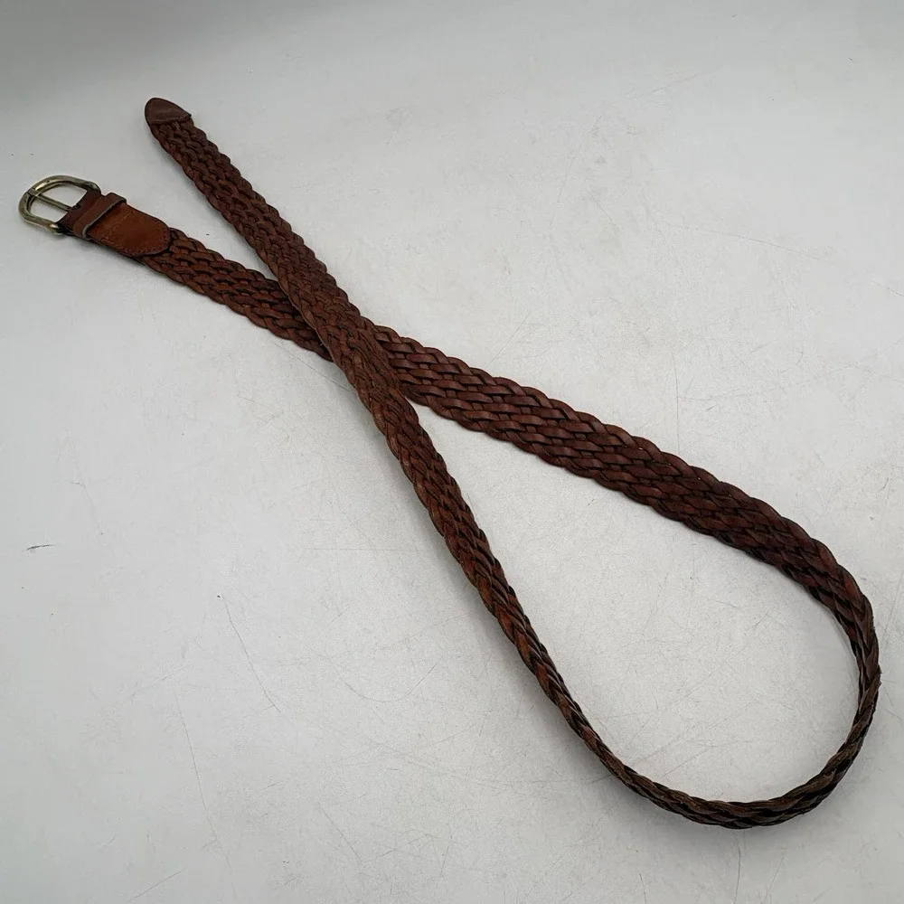 Vintage Brown Woven Braided Leather Belt Leather Buckle Made in Turkey Sz 38